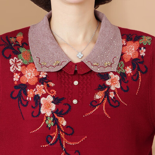 千秋诗中老年女装羊毛衫加大码妈妈装秋冬新款针织毛线上衣本命年打底衫 酒红色XD9273 3XL建议130-150斤