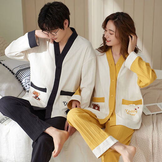 Shanshili buy one get one free couple pajamas for women autumn and winter cotton long-sleeved cardigans Korean style men's pajamas home wear spring long-sleeved cardigans of 1234 two sets of prices women's 3XL and men's 3XL