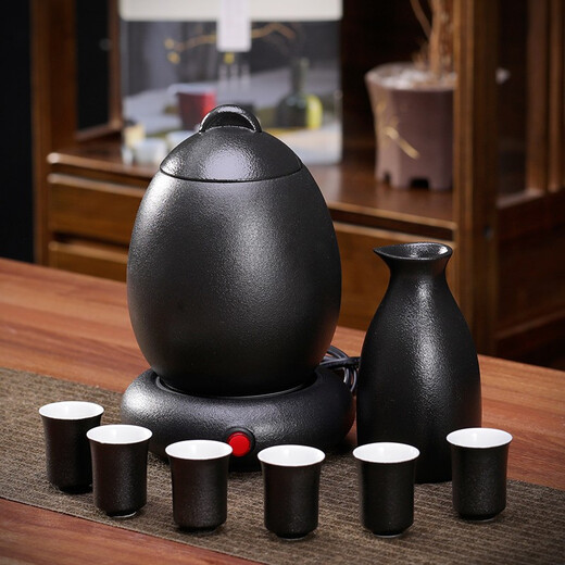 Qixinbian Chinese-style wine warmer set for wine glasses and wine pot, household retro wine boiler, rice wine warmer, wine warmer ceramic, black pottery wine warmer 6 cups + thermostat