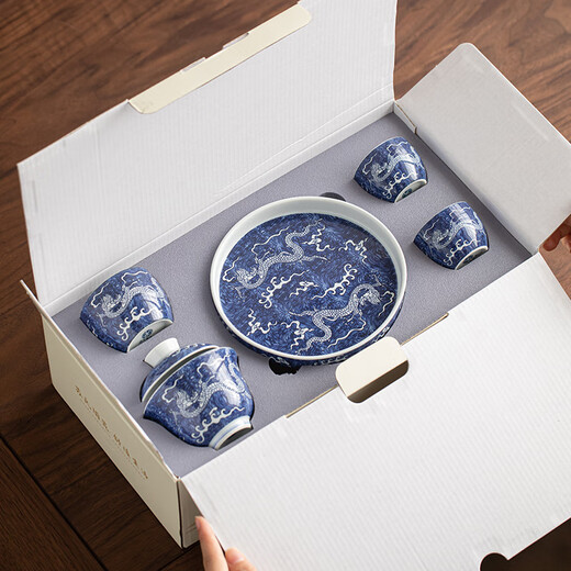SUSHI CERAMICS National Trend Blue and White Tea Set Xianglong Cover Bowl Master Cup Teacup Kung Fu Tea Set