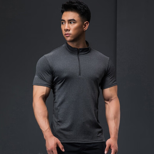 Lutie Dog Fitness Wear Short Sleeve Men's Stand Collar POLO Slim Fit Muscle Showing Quick Drying Breathable High Elasticity Coaching Wear T-Shirt Black XL