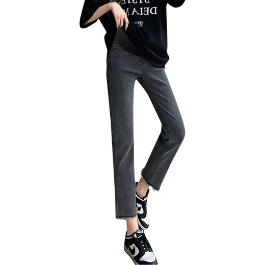 Yi Baiyi maternity pants in spring and summer new style of maternity jeans outside wearing new straight-leg pants casual pants spring and summer nine-point pants retro light blue XL