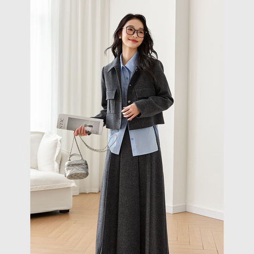 Vanciman wears a complete set of gray wool suits for women 2024 new cotton jacket skirt two-piece set M9871 gray S