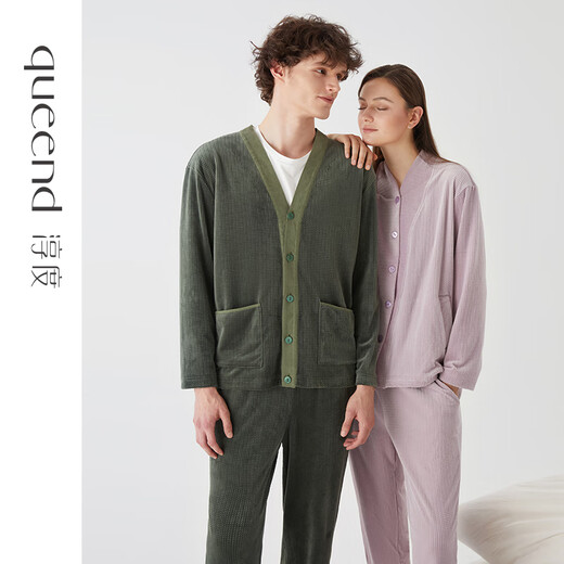 Chundu Soft Island Velvet Couple Pajamas Men's Autumn and Winter Cardigan Coral Velvet Winter Wearable Home Clothing Women's Velvet Moss Green (Male) XXXL