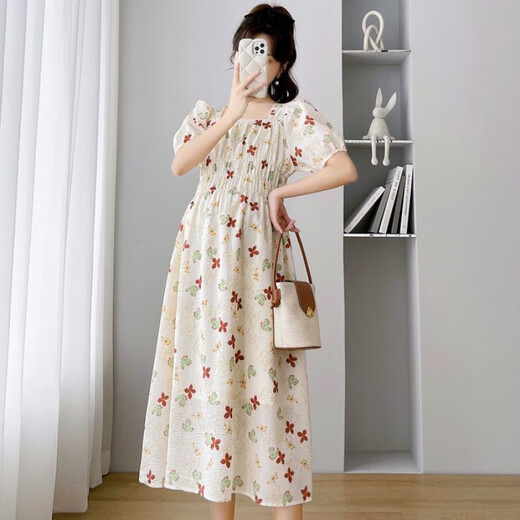 Ayanting Eagle enceinte robe de femmes Nouveau col carré d'été Loose Square à manches florales à floraison moyenne sur-genoue enceinte longue jupe à floral 701 [simple-pièce sans piluage] xl [120-140jin [Jin est égal à 0,5 kg]]]