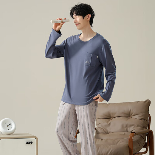 Langsha Pajamas Мужчины на 100% чистое хлопковое с длинным рукавом мужская домашняя одежда осень и зима удобная хлопковая пижама пижамы и брюки.