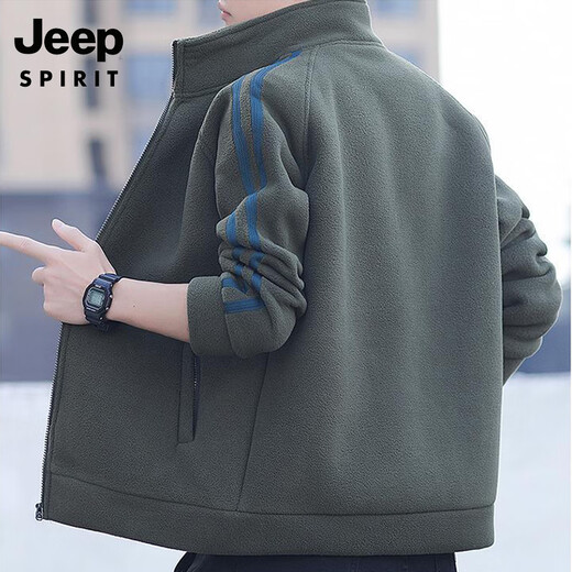 JEEP SPIRIT Jeep Men's Cardigan Sweatshirt Plus Velvet Thickened Striped Stand Collar Polar Fleece Autumn and Winter Jacket Warm Casual Jacket 8868 Military Green Regular Style XL (Recommended 140-160 Jin Jin equals 0.5 kg)
