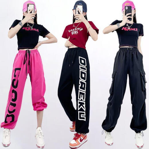 智兜兜小个子爵士舞套装广场舞蹈kpop跳舞套装女夏爵士舞服装运动穿搭街 386黑短袖+1049玫红裤子 均码 s