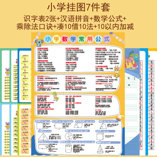 二次熊早教挂图小学学习挂图全套拼音字母乘除加减法口诀表学习神器礼物 小学学习挂图10件套