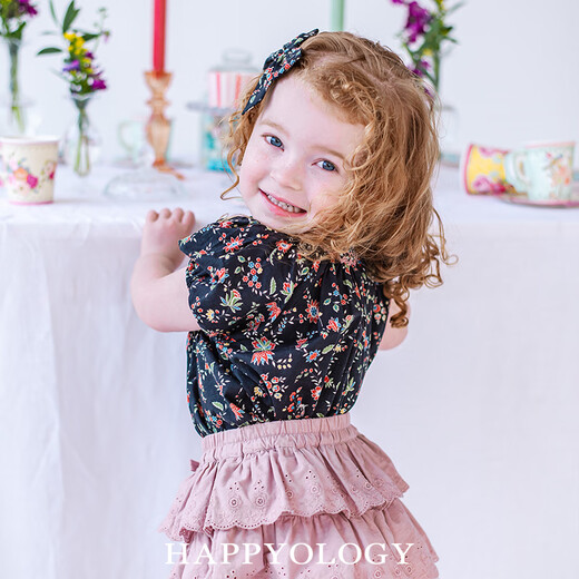 Happyology British girls summer pure cotton floral top baby girl's ear-trimmed stand-up collar puff sleeve shirt Starry Night Secret Garden 98 (98cm)