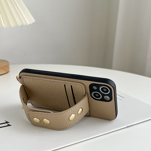 西西礼苹果15promax手机壳腕带14pro适用iphone13保护套斜挎零钱包插卡苹果12promax手机壳背带挂绳11 纽扣腕带卡包 浅咖色 iPhone14 Pro