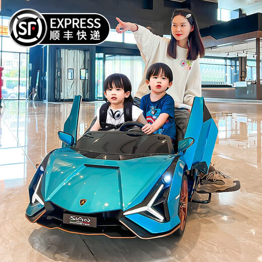 Xingchenhao Lamborghini children's electric car four-wheel car two-seater toy car can sit adults with remote control baby stroller painted blue four-wheel drive + MP4 LCD screen + 24V15AH leather seat + adult seat + soft wheels + remote control + swing