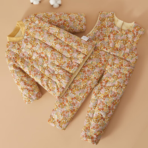 Mianguduo Infant and Toddler Purely Handmade Cotton Jacket and Overalls Set Children's Cotton Clothes and Pants Autumn and Winter Thickened Cotton Clothes Two-piece Set White Floral 80 Sizes (Suitable for 6-12 Months)