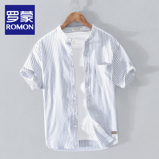 
Romon pure cotton striped short-sleeved shirt men's stand collar white loose breathable short-sleeved casual inch shirt round neck Japanese trendy YY9721 sky blue lapel L