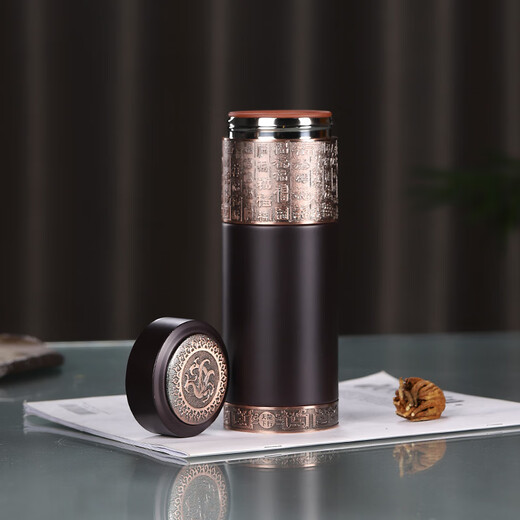紫馨雅韵紫砂内胆保温杯男士高档泡茶杯送父母亲老师生日纪念礼品定制刻字 紫色百福直杯320ml-礼盒装