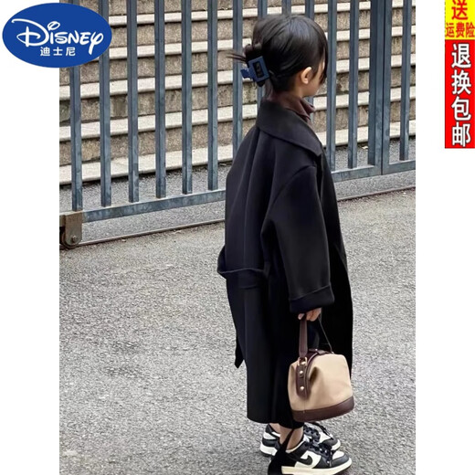 Disney (Disney) 2024 Herbst und Winter Neue Mädchen Wollmantel mit mittlerer Wolle mit Wollmantel mit mittlerer Länge verdickter, vielseitiger Neujahrs-Mantel-Trend schwarz [Modell] 150 empfohlen, weniger als 152 cm zu sein