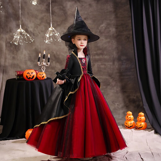 Xiaokayinon Halloween children's costume girl princess dress witch little girl costume prom dress cosplay character burgundy long style (star hat + cloak) 130