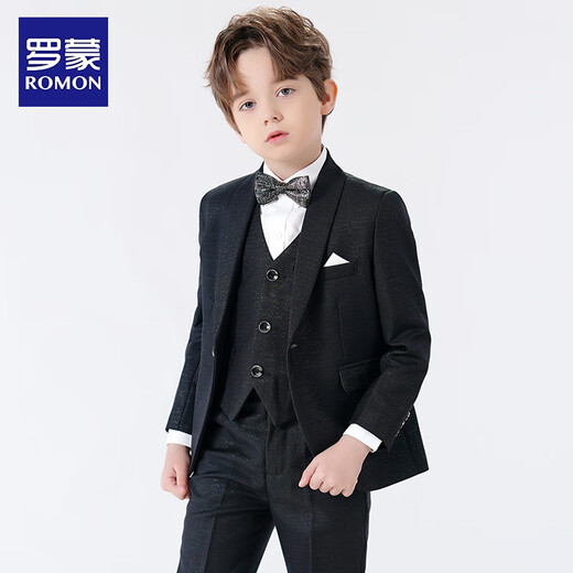 罗蒙儿童西装套装男童礼服英伦主持人钢琴演出服秋 亮丝黑色5件套 170