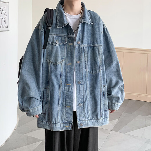 NEW OR MODE American retro high street denim jacket men's new spring and autumn youth trendy brand handsome high-end jacket top gray XL