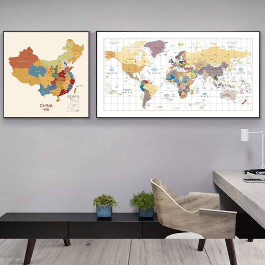 
YIJLJ Living Room Decorative Painting World Map Office Hanging Painting Conference Room Studio Mural School Geography Wall Painting Study Room 12173-12175 (Chinese and English) 160*80 HD fabric picture + PS black frame