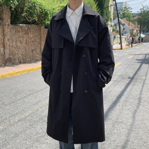 Stylish Hong Kong windbreaker men's mid-length spring and autumn Hong Kong style ins fashion brand student coat men's Korean style trendy loose casual coat black regular M90-120Jin [Jin equals 0.5 kg]