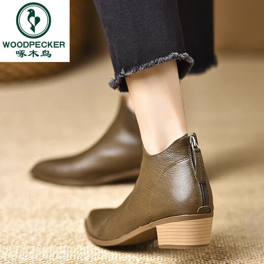 Woodpecker 4.5cm Genuine Leather Pointed Toe Thick Heel Short Boots for Women Comfortable Soft Sheepskin 2025 Autumn Ankle Boots Short Ankle Boots Khaki 37