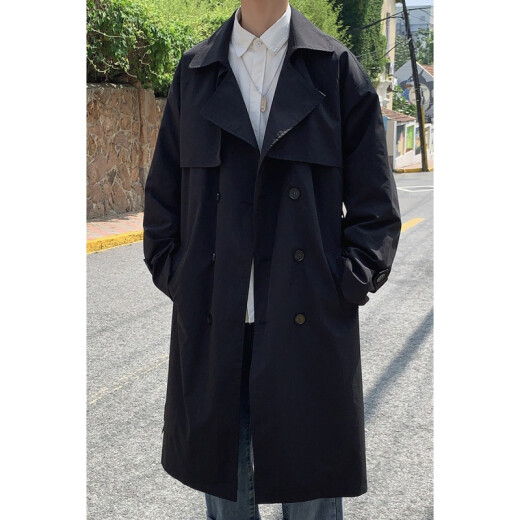 Stylish Hong Kong windbreaker men's mid-length spring and autumn Hong Kong style ins fashion brand student coat men's Korean style trendy loose casual coat black regular M90-120Jin [Jin equals 0.5 kg]