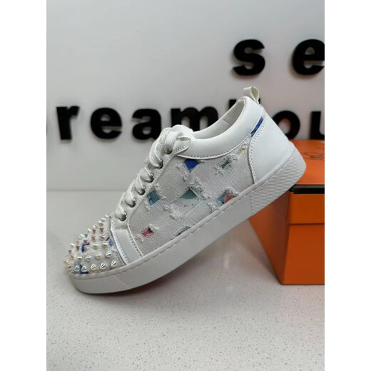 
European Station CL2024 new rivet red sole shoes personalized canvas ripped starry sky small white shoes versatile casual board shoes 9913 white leather 40