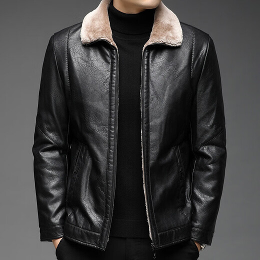 Hengyuanxiang new PU leather leather jacket men's autumn and winter solid color jacket velvet thickened jacket middle-aged men's warm tops black velvet 2XL