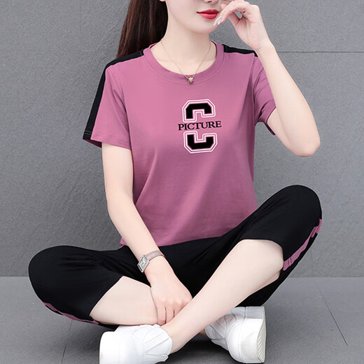 NY-EMMA运动套装女短袖夏季高档洋气减龄棉质休闲时尚广场舞服跑步两件套 687宝蓝（七分裤套装） 3XL(建议140-155斤)