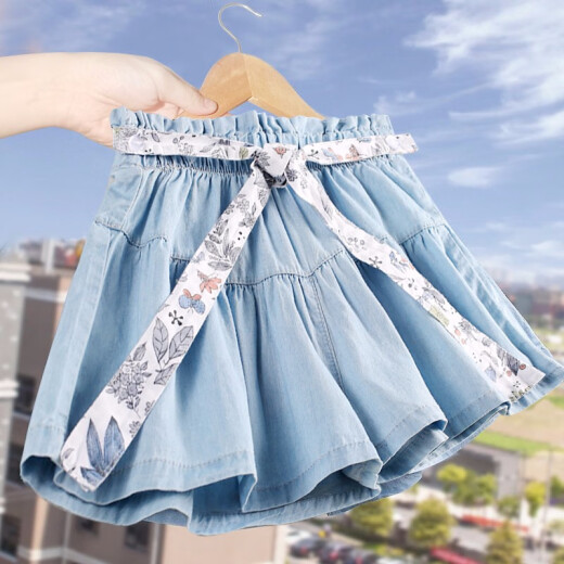 Baba girls summer denim shorts 2020 new style children's clothing medium and large children's culottes children's thin hot pants outer wear blue 140 (recommended height is about 135)