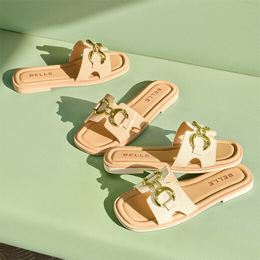 Belle casual flip flops for women's shopping mall same square-toe flat slippers A9Y1DBT4 beige 37 (235mm)