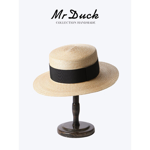 Mr DUCK收藏级别 轻奢特细手工TIAN然麦秆草帽 法式平顶帽大小头围礼帽子 MW36397原草色-大边7cm  章子怡款 M(适合55-57cm头围)