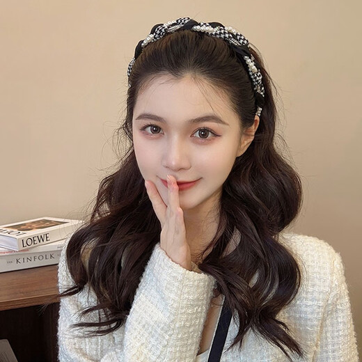 Idel's Houndstooth Imitation Pearl Hairpin Hairband Women's Spring and Summer Versatile Outing Headband 2025 New Temperament Headwear Hair Accessories Houndstooth Light Luxurious and High-Level Hairband F1386