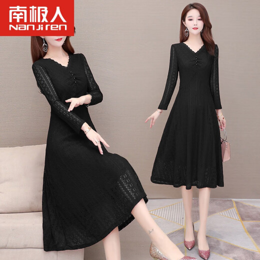 Anjiren Light Luxury High-end Women's Clothing Early Autumn Lace Dress Women's New Product 2020 Mid-Length Temperament Over the Knees Hollow V-Neck Western Style Waist Slimming Black L