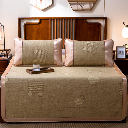 Arctic velvet home textile, encrypted imitation rattan mat, summer cool mat, foldable air-conditioned mat, student dormitory single mat, summer household straw mat, double mat, strawberry bear-cool rattan mat 150*195cm (cool mat + 2 pillowcase)