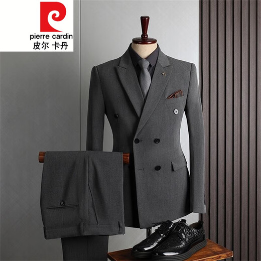 Pierre Cardin suit men's British style double-breasted business casual suit three-piece groom's wedding dress navy blue (suit + pants) 2XL (190)