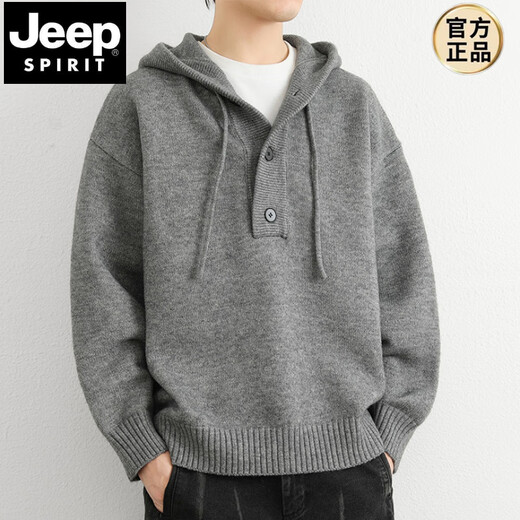 JEEP SPIRIT套头连帽毛衣男秋冬季外套2024新款纯色针织衫内搭男软糯百搭毛衫 深灰 L 约115-125斤可穿