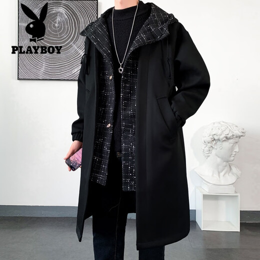 Playboy trench coat men's mid-length trendy loose summer thin Korean style fake two-piece hooded woolen coat black 2XL