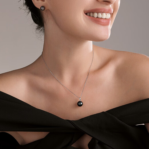 Tahitian 18K gold black pearl pendant classic round bright seawater pearl necklace S grade 9-10mm +18K gold chain