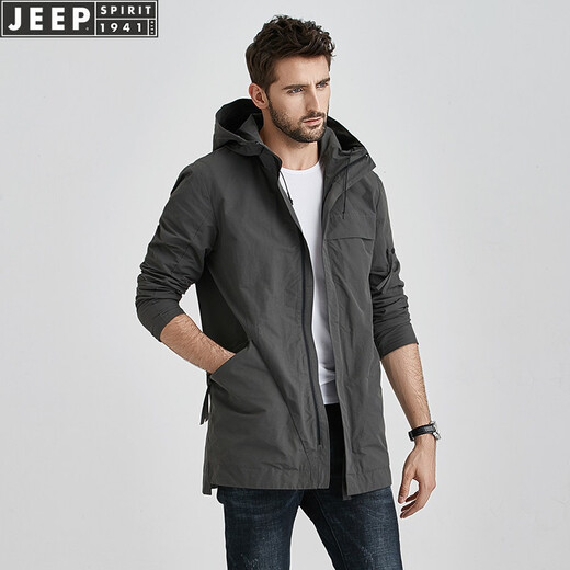JEEP风衣男士中长款连帽春秋季工装韩版潮流休闲春秋外套 灰色 XL