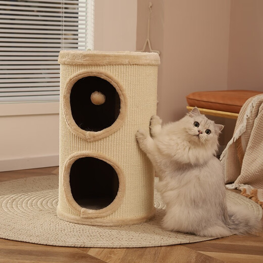 Huayuan pet equipment (hoopet) cat nest, cat climbing frame, integrated cat tree, plush warm cat house, double-layer cat scratching board, sisal bucket, cat toy, cat climbing frame, beige sisal bucket (available for multiple cats, no spring couplets)