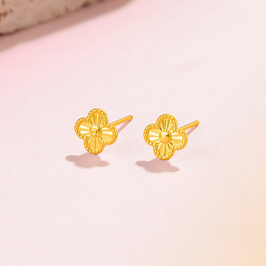 Liuguifu Jewelry Yellow 18K Gold Earrings Women's Dazzling Four-leaf Clover Colored Gold Earrings Birthday Gift About 0.1g + Brand Gift Box