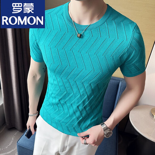 罗蒙（ROMON）夏季冰丝黑色男士高端短袖t恤男镂空针织圆领修身新款透气T恤薄款 9766粉色 (菱形格款) M