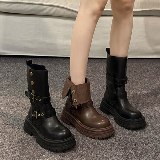 Yupinjia British style Martin boots for women retro mid-tube thick-soled black short boots brown Maillard slimming and heightening short boots black 38