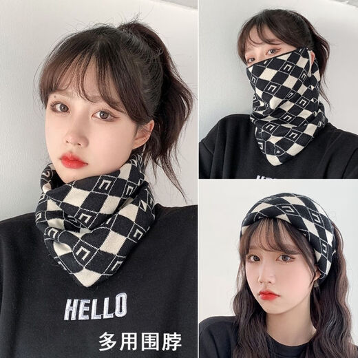 赫僮 围脖冬季女韩版挂耳面罩保暖护颈脖套百搭加厚防风寒口罩DG-2466 黑白棋盘格