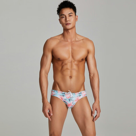Hibbing (SEOBEAN) swimming trunks men's swimming briefs adult printed low-waist hot spring beach swimwear blue bottom lily XXL (2.6-2.9 feet waist)