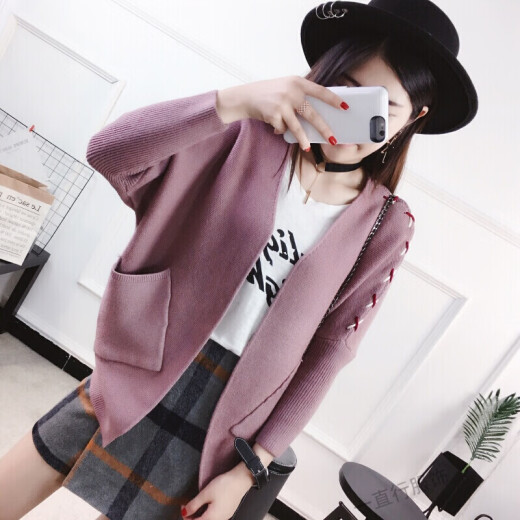 Autumn women's sweet solid color knitted cardigan coat women's loose short V-neck bat sleeve sweater women's pink one size fits all