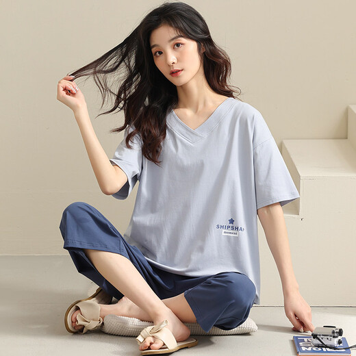 
From the heart pure cotton pajamas for women in summer short-sleeved cropped pants thin V-neck loose women's pajamas summer casual home clothing C HA 684 L women [high 160-165 weight 100-120 Jin [Jin equals 0.5 kg]]