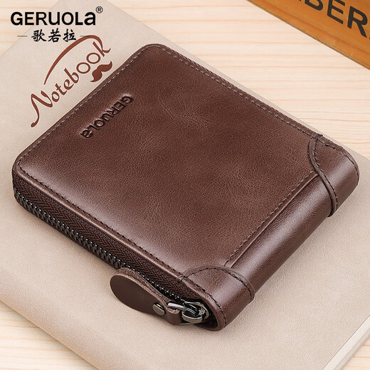 
Gerola men's wallet short genuine leather zipper multi-function driver's license card bag 2025 new wallet wallet wallet trendy brand men's brown color (retro leather-anti-theft brush)